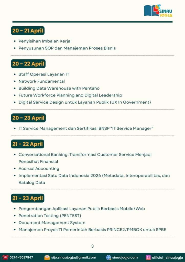 jadwal training IT Sinau Jogja akhir April 2026, menampilkan kelas sertifikasi BNSP Data Center Technician, IoT Operator, SRE, dan pemrograman web PHP.