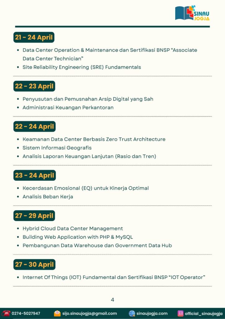 jadwal pelatihan IT Sinau Jogja pertengahan April 2026, mencakup kelas Penetration Testing (PENTEST), sertifikasi BNSP IT Service Manager, dan Network Fundamental.